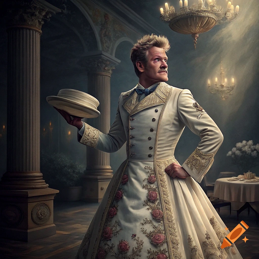 A man in an ornate white and gold Victorian ballroom gown holding a hat in a grand, dimly lit hall.
