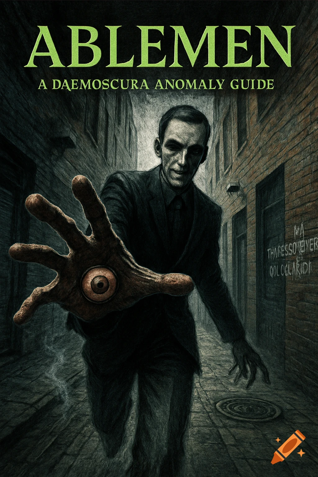 A horror book cover featuring a pale man in a black suit with hollow eye sockets and an eyeball in his palm, reaching out. He stands in a dark alleyway with building walls and faint graffiti. The title "ABLEMEN" is at the top.