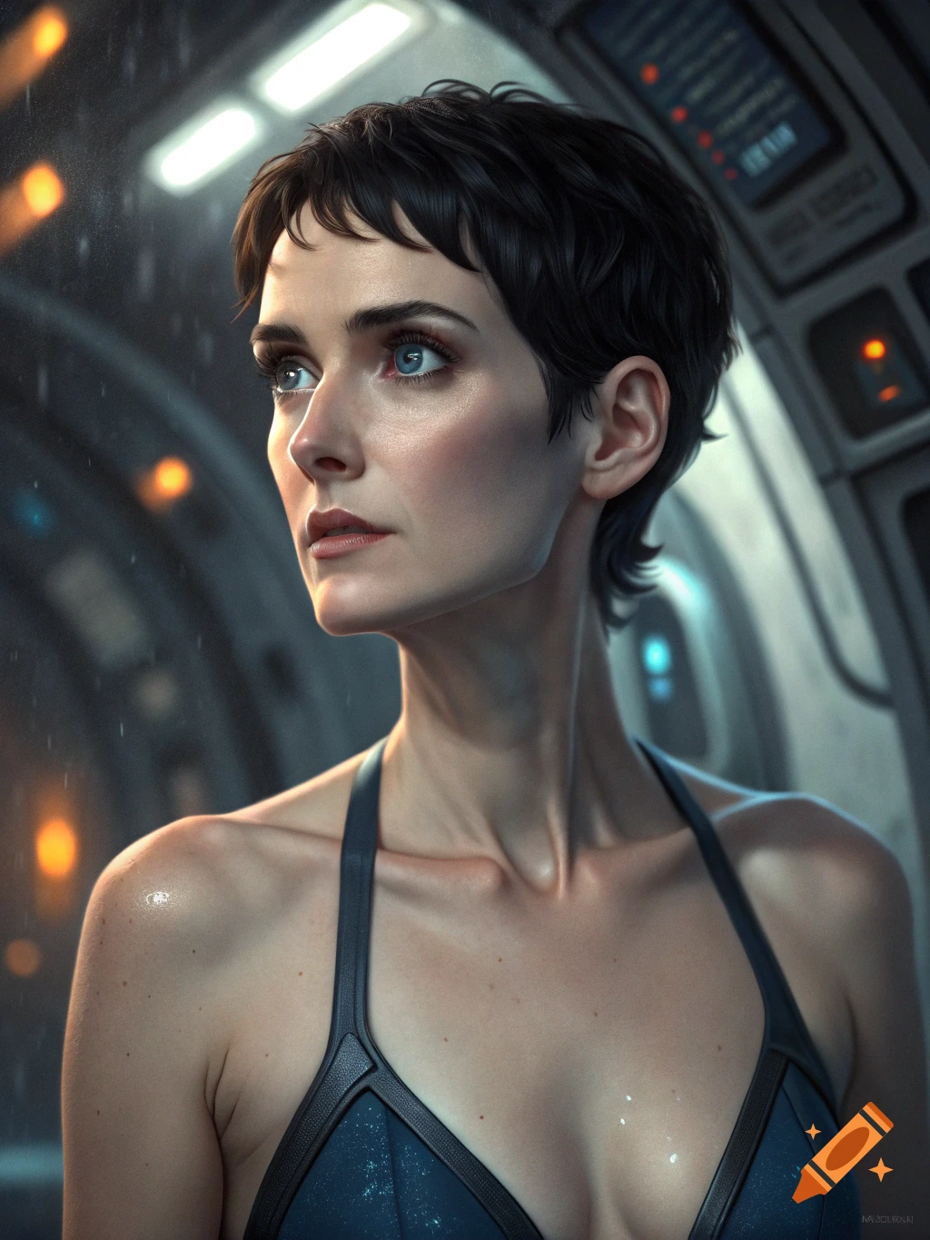 Photorealistic portrait of a woman with short dark hair and blue eyes, wearing a dark blue swimsuit, looking intently in a futuristic setting.