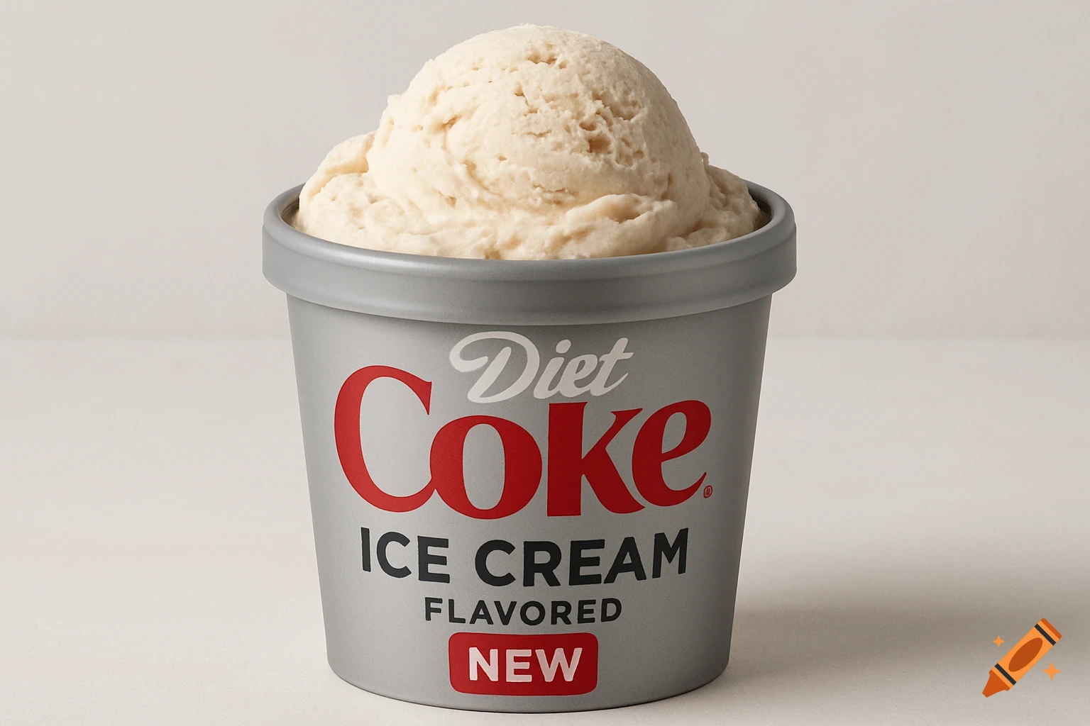 A photorealistic image of a gray container filled with a scoop of light-colored ice cream, featuring "Diet Coke ICE CREAM FLAVORED NEW" in red and white text on its side.