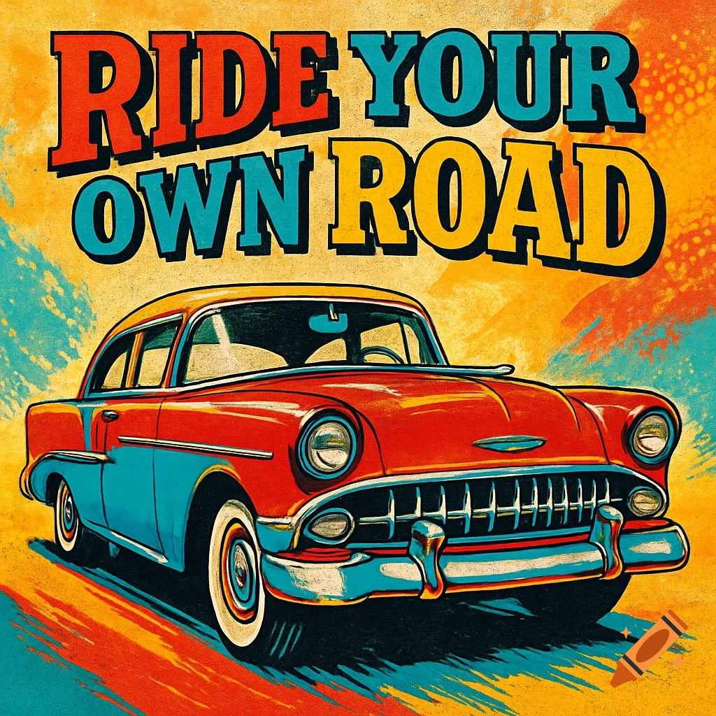 A vibrant retro pop-art illustration of a red and blue 1950s classic car with the text 'RIDE YOUR OWN ROAD' above it.