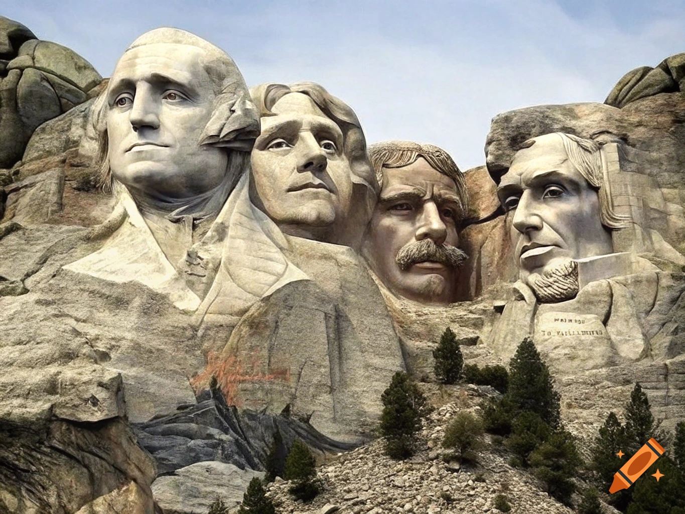 A reimagined Mount Rushmore with George Washington, Hulk Hogan, Kid Rock, and Toby Keith carved into the side of a mountain.