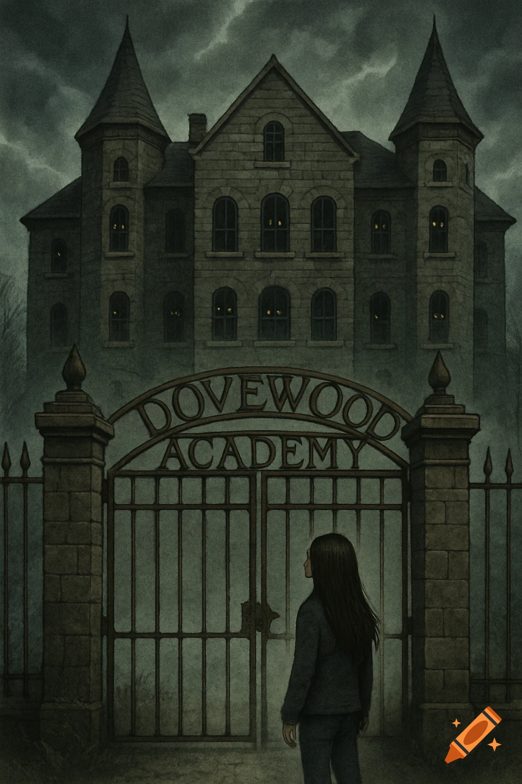 A girl looks at a gothic stone academy with glowing windows under a stormy sky, the gate reads 'Dovewood Academy' in an illustrated style.