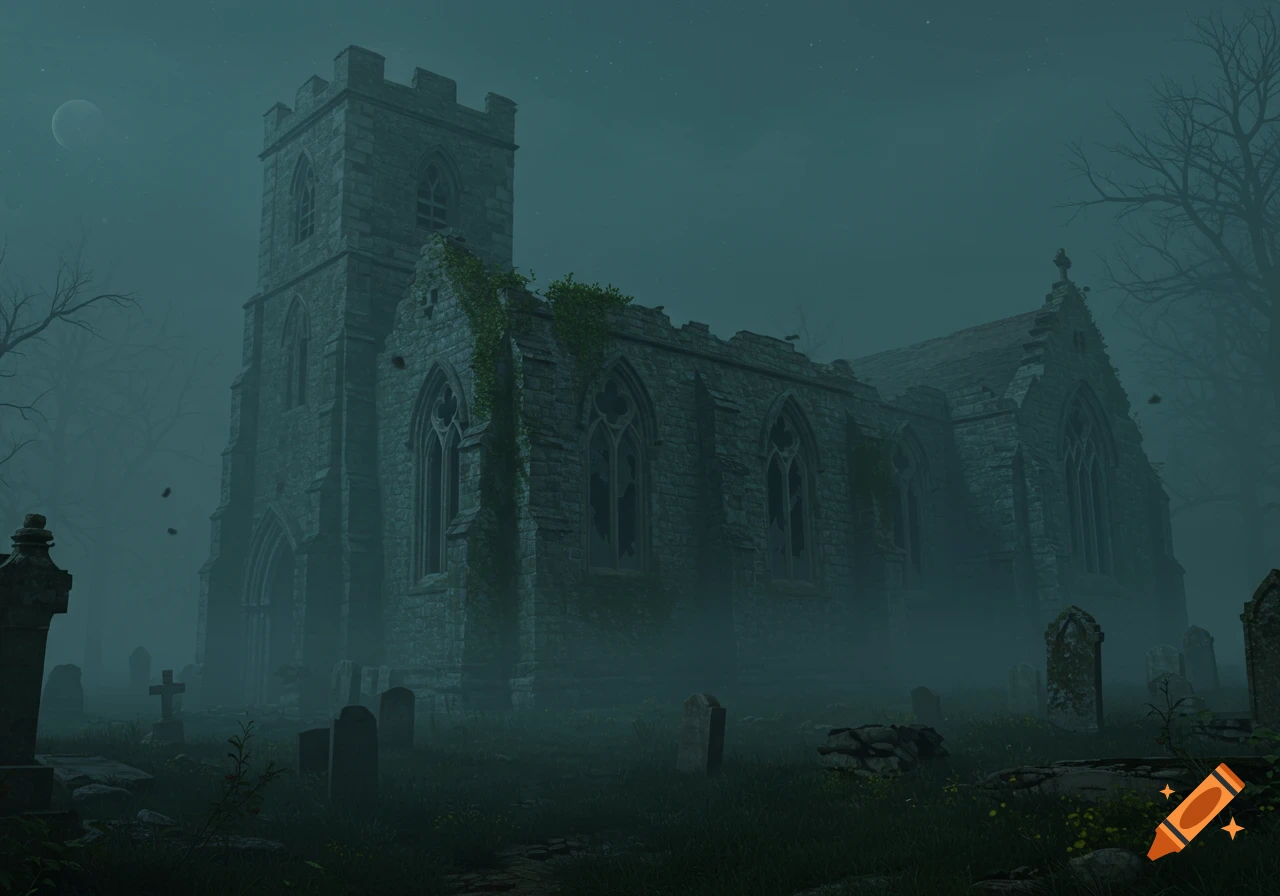 A photorealistic depiction of a gothic, abandoned church in a cemetery shrouded in dense fog at night, under a crescent moon.