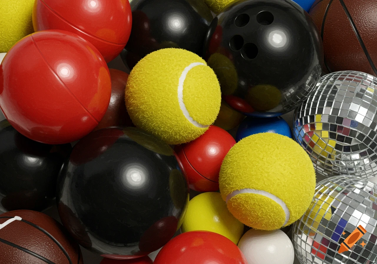 A close-up, high-angle shot of a colorful pile of various balls including tennis, bowling, basketball, and disco balls.