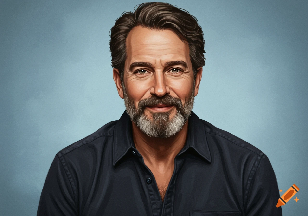 A digital painting of a middle-aged man with a beard and mustache, wearing a dark shirt, against a blue background.