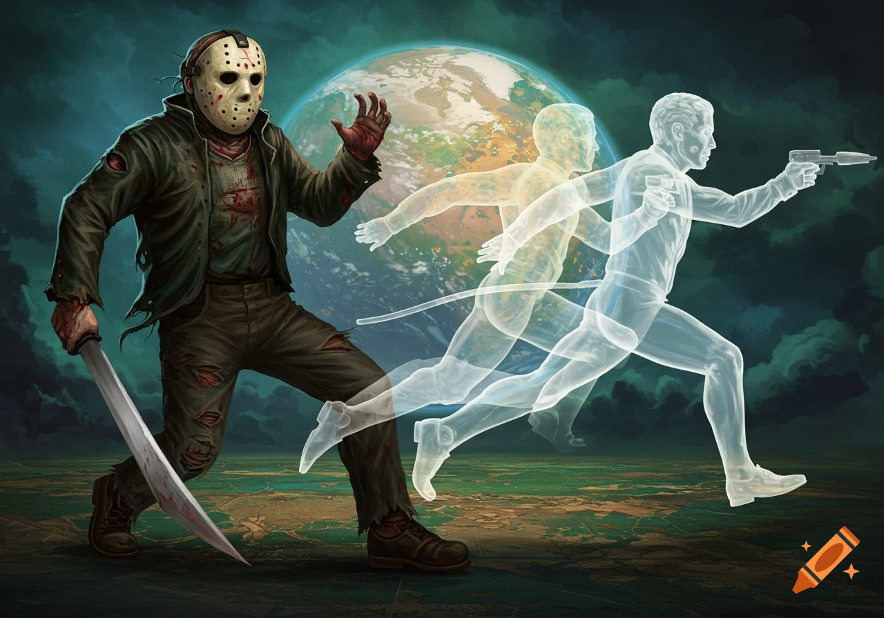 Jason Voorhees, in a hockey mask and blood-stained clothes, holds a machete while chasing multiple translucent, ghost-like figures across an alien planet with a large celestial body in the background.
