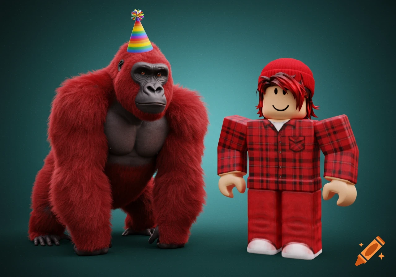 A red furry gorilla wearing a rainbow party hat stands next to a Roblox avatar with red hair and a red plaid shirt, both against a teal background.