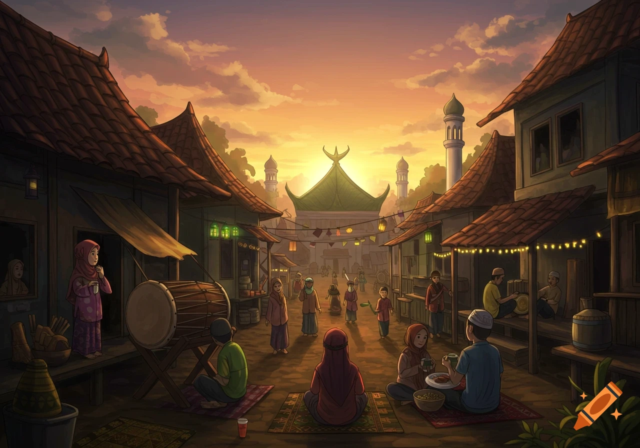 Illustrated village at sunset with people gathering, traditional buildings, a mosque, and lanterns, evoking a communal atmosphere.