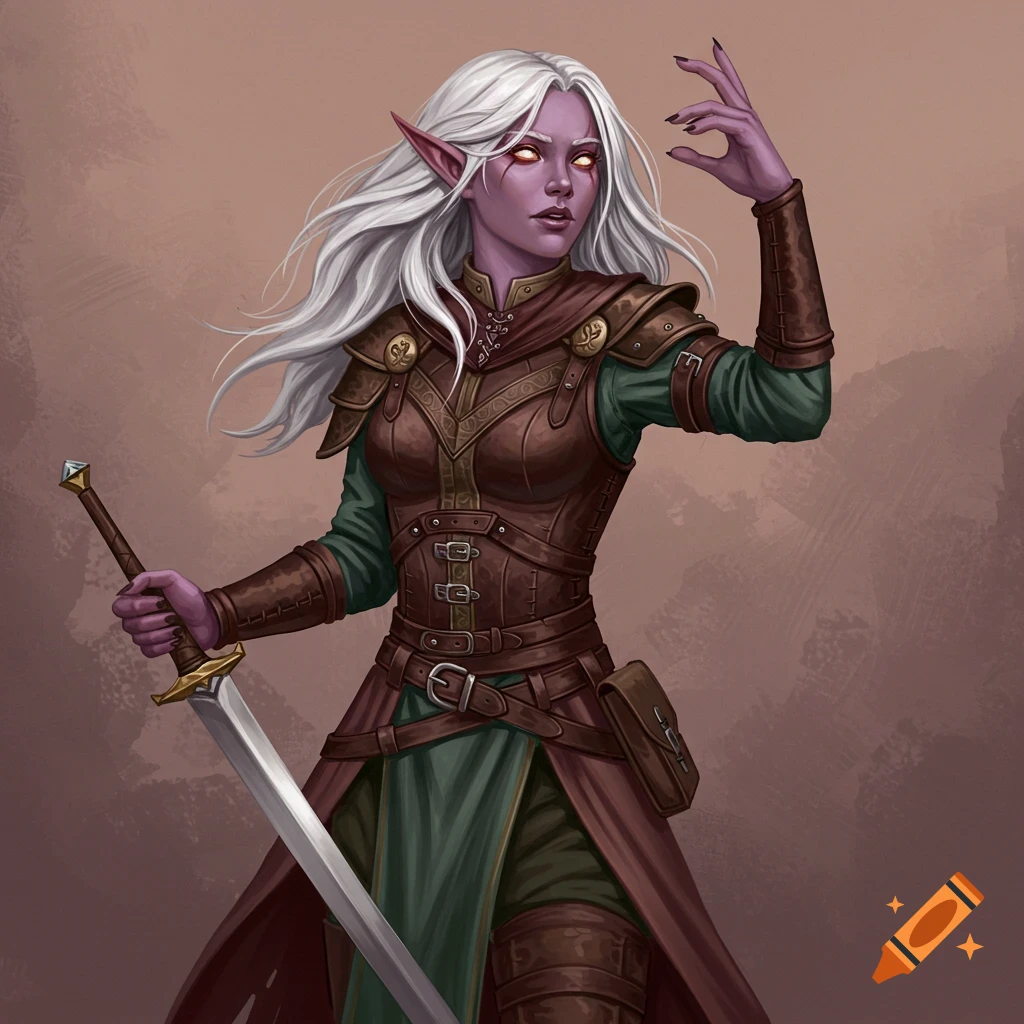 A drow female character with white hair, purple skin, and red eyes, dressed in brown leather and green armor, holding a sword in a realistic art style.