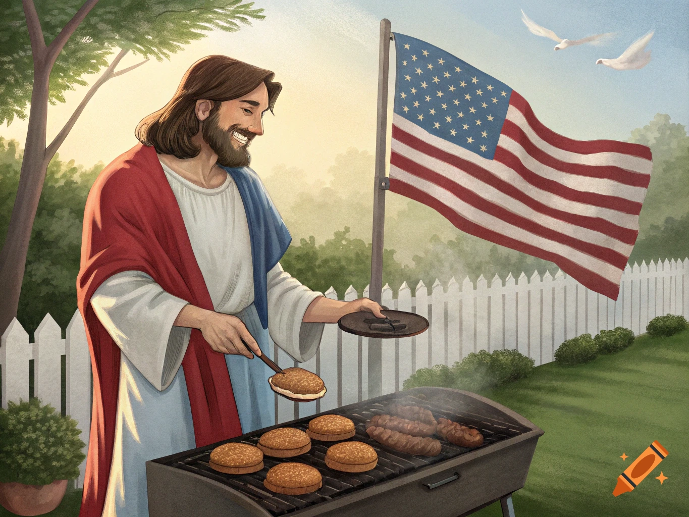 An illustration of Jesus smiling while grilling burgers and sausages in a backyard with an American flag and white picket fence.