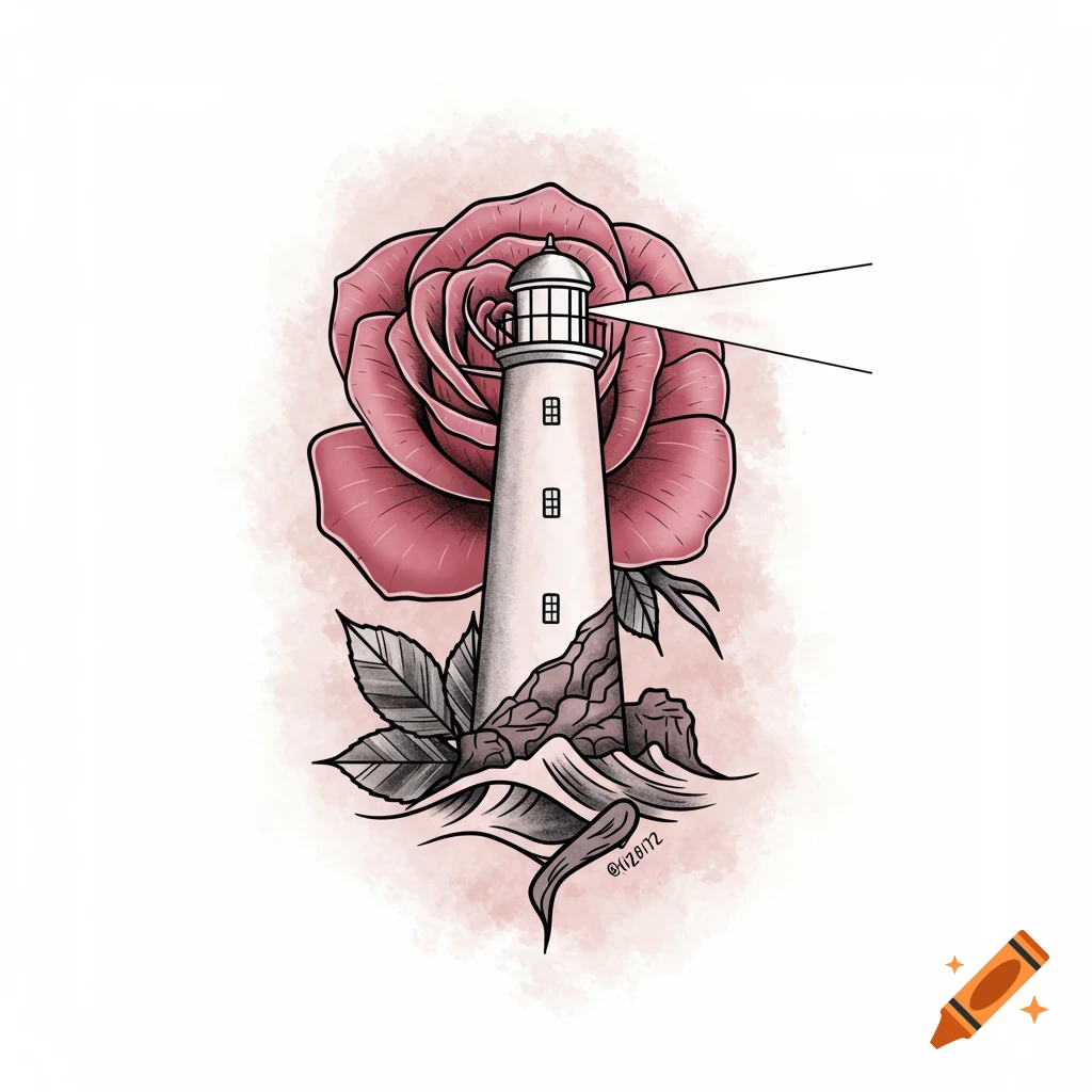 A tattoo style illustration of a white lighthouse with a red rose and grey leaves, on rocks with waves.
