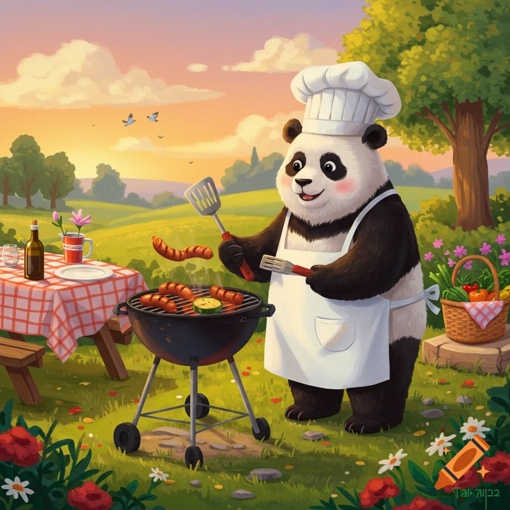 A happy cartoon panda chef in an apron and hat barbecues outdoors, with a sausage flying in the air.