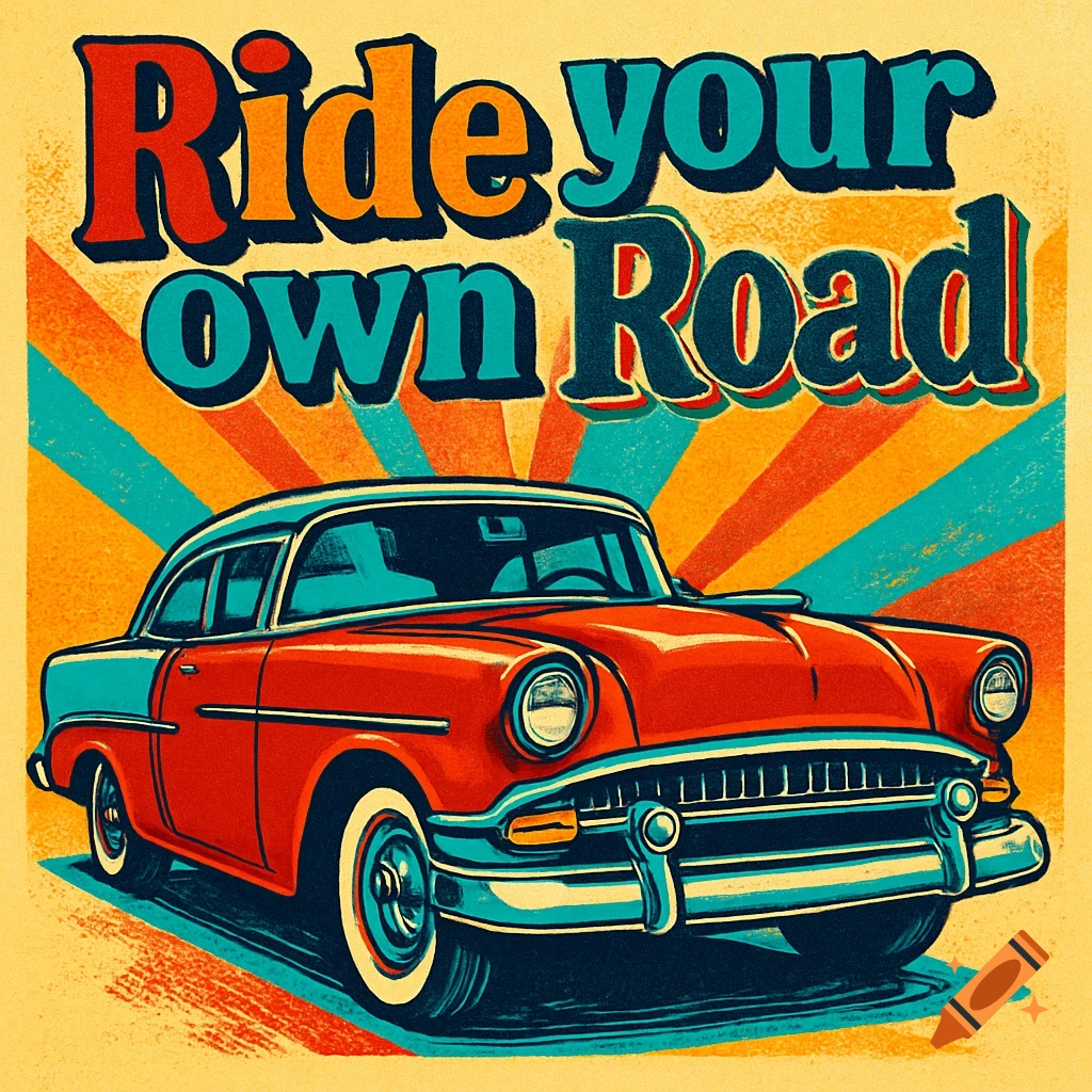 A vibrant retro pop art illustration of a red and turquoise classic car with "Ride your own Road" text on a striped background.