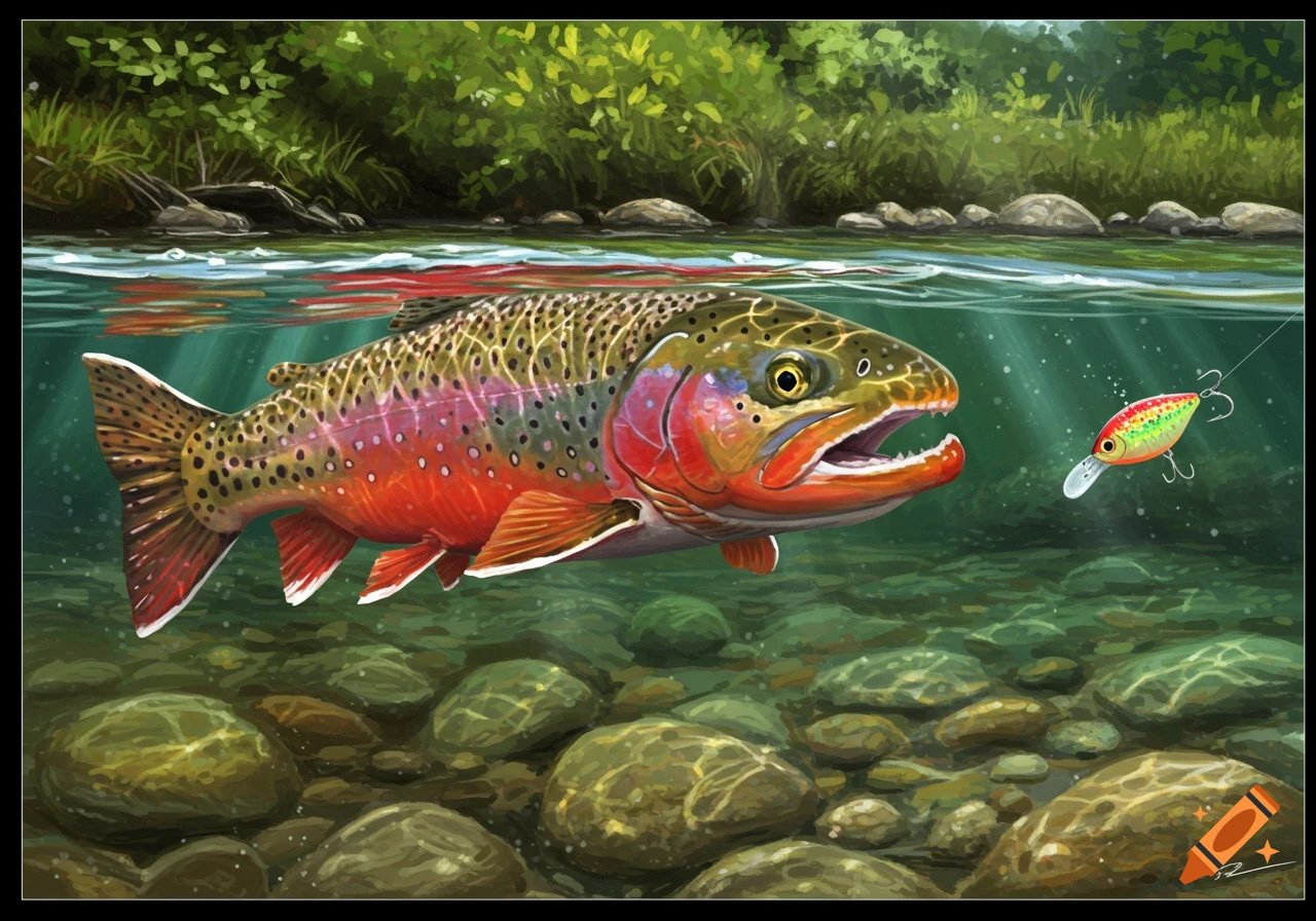 A colorful trout with an open mouth swimming underwater, eyeing a fishing lure in a clear river with rocks on the bed and green foliage above.