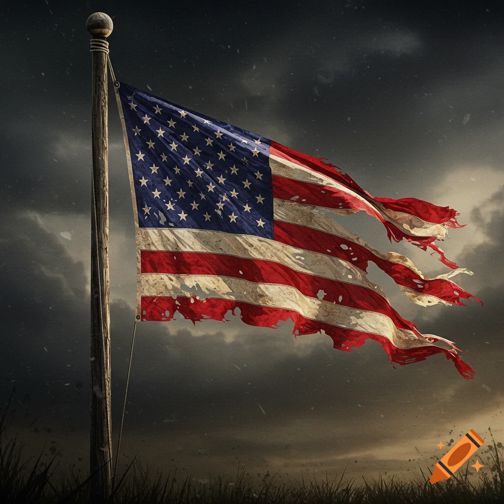 A tattered and distressed American flag flying on a pole under a dark, stormy sky.