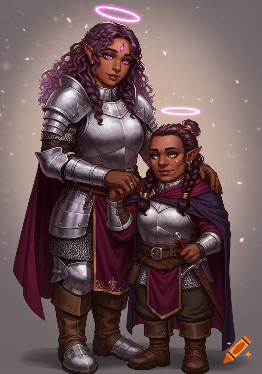 A tall elven woman with purple hair and glowing eyes in silver armor stands with a shorter dwarven woman with braids and green eyes in similar armor, holding hands.