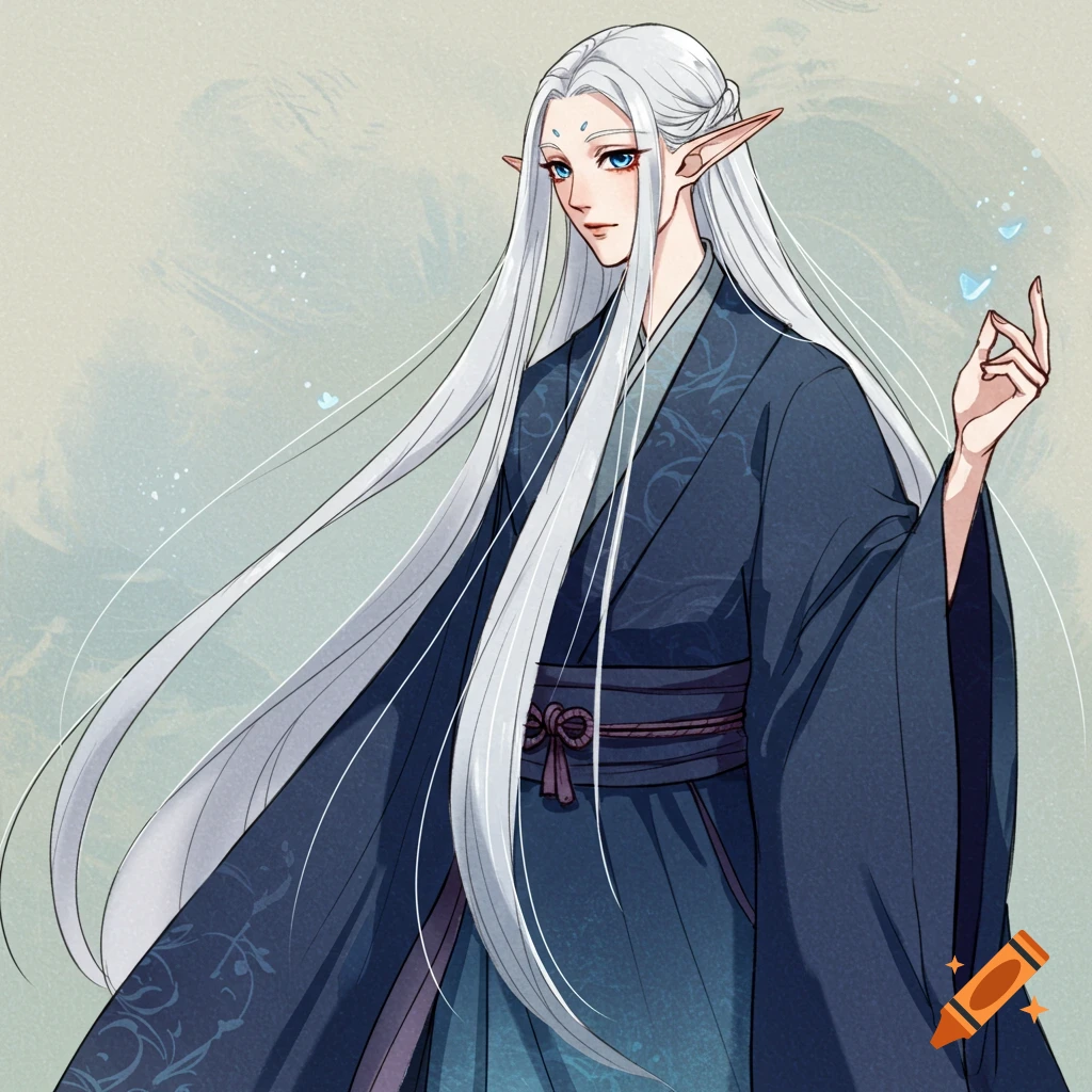 A graceful elf-like character with long white hair and blue eyes, wearing a dark blue kimono, with delicate blue butterflies near their raised hand, in a whimsical art style.