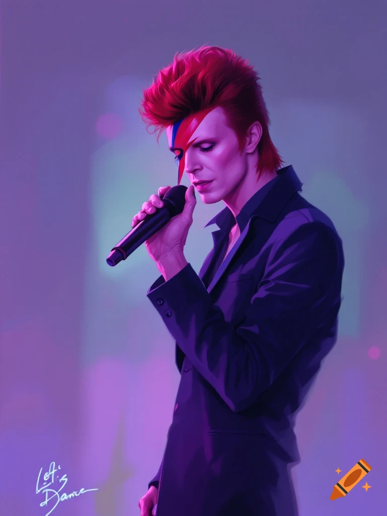 Artistic portrait of David Bowie with red hair and lightning bolt makeup, holding a microphone, under purple light. 'Let's Dance' text.