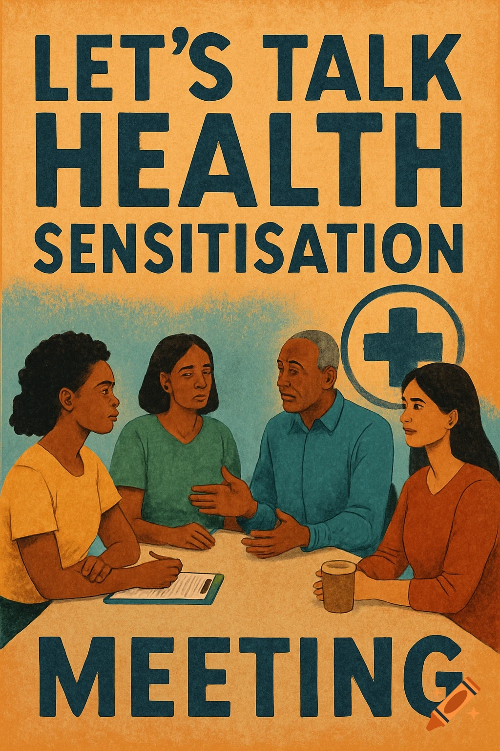 A vintage-style poster depicting four diverse people sitting around a table discussing, with a clipboard, pen, and coffee cup. The text reads, "LET'S TALK HEALTH SENSITISATION MEETING" with a medical cross icon.
