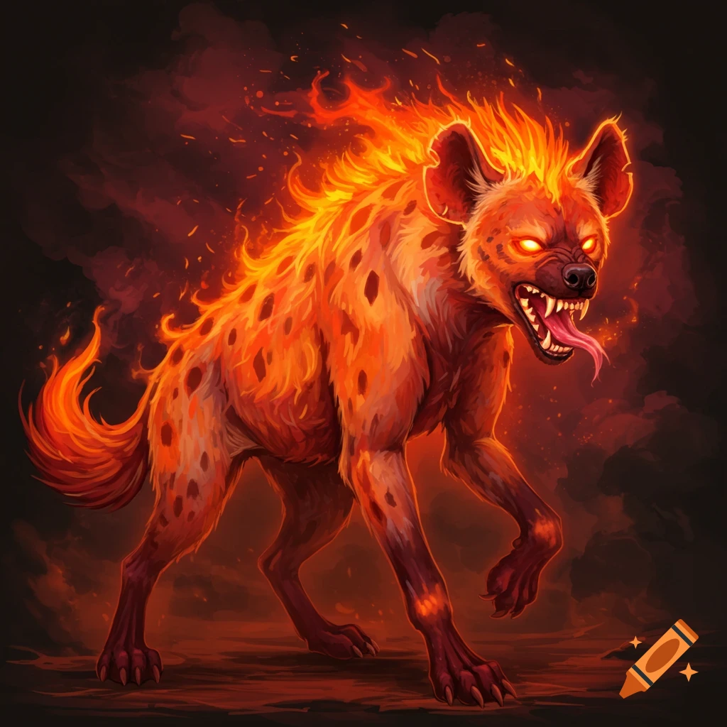 A glowing, fiery hyena with bright red eyes and sharp teeth stands snarling against a dark, smoky background, digital art.