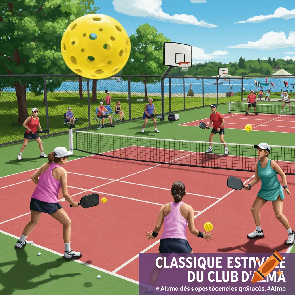 An illustration of people playing pickleball on several outdoor courts with a large yellow pickleball floating in the sky. Other people are watching from benches.