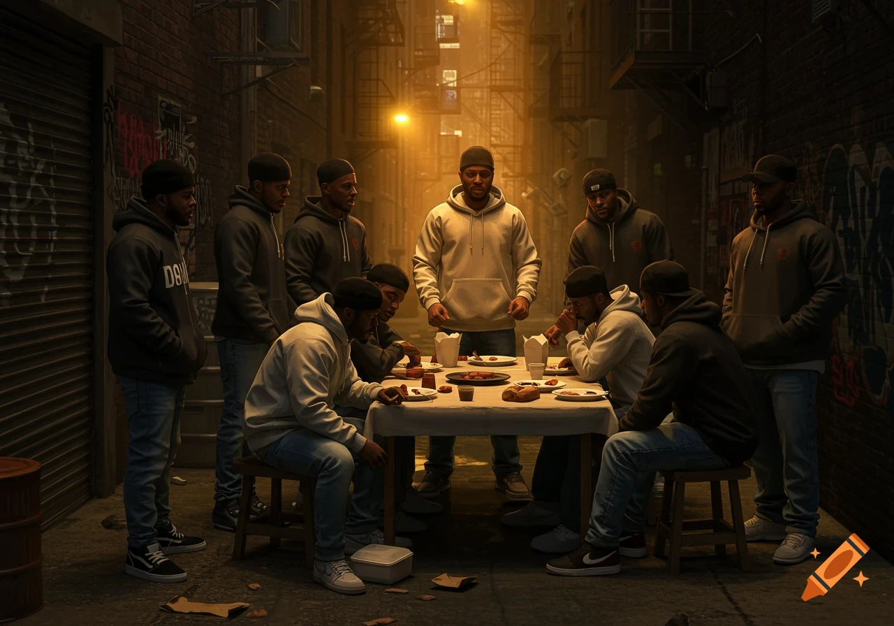 A group of Black men in modern urban clothing eat together at a table in a dark, graffiti-covered alley illuminated by orange streetlights.