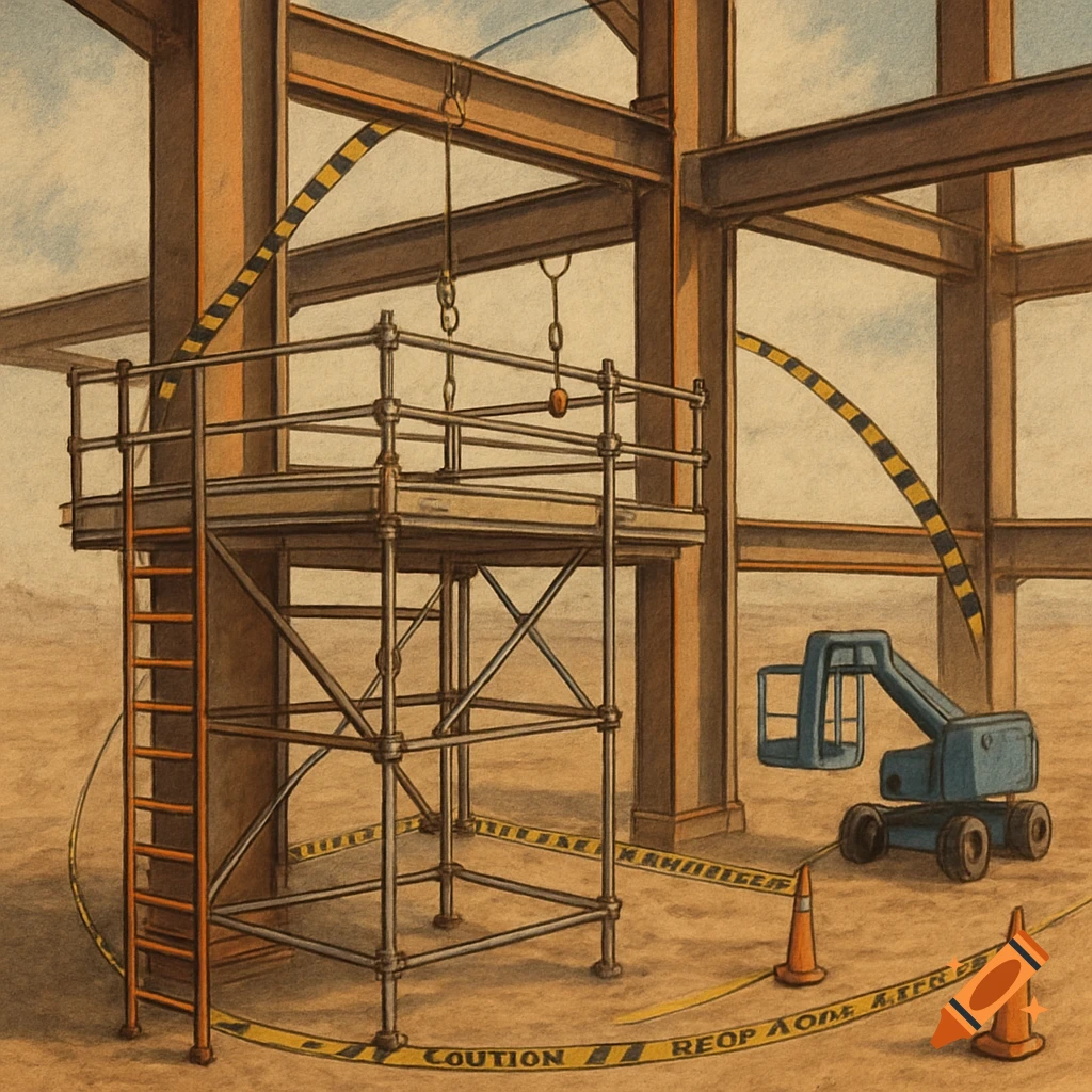 Illustrated construction site with a tall metal scaffolding platform, structural beams, a small blue boom lift, and yellow caution tape on sandy ground.