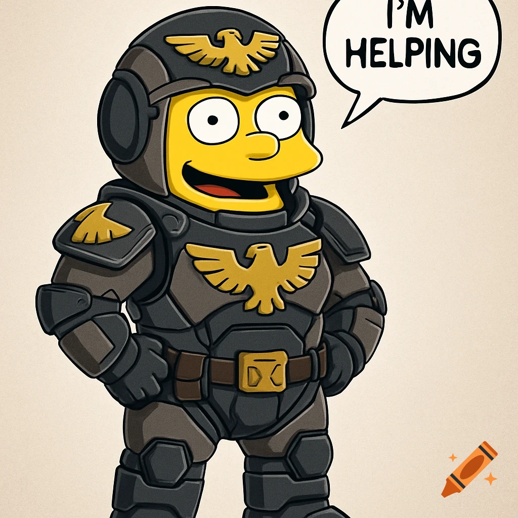 Ralph Wiggum from The Simpsons in a futuristic black and gold pilot suit, with a speech bubble saying 'I'M HELPING'.