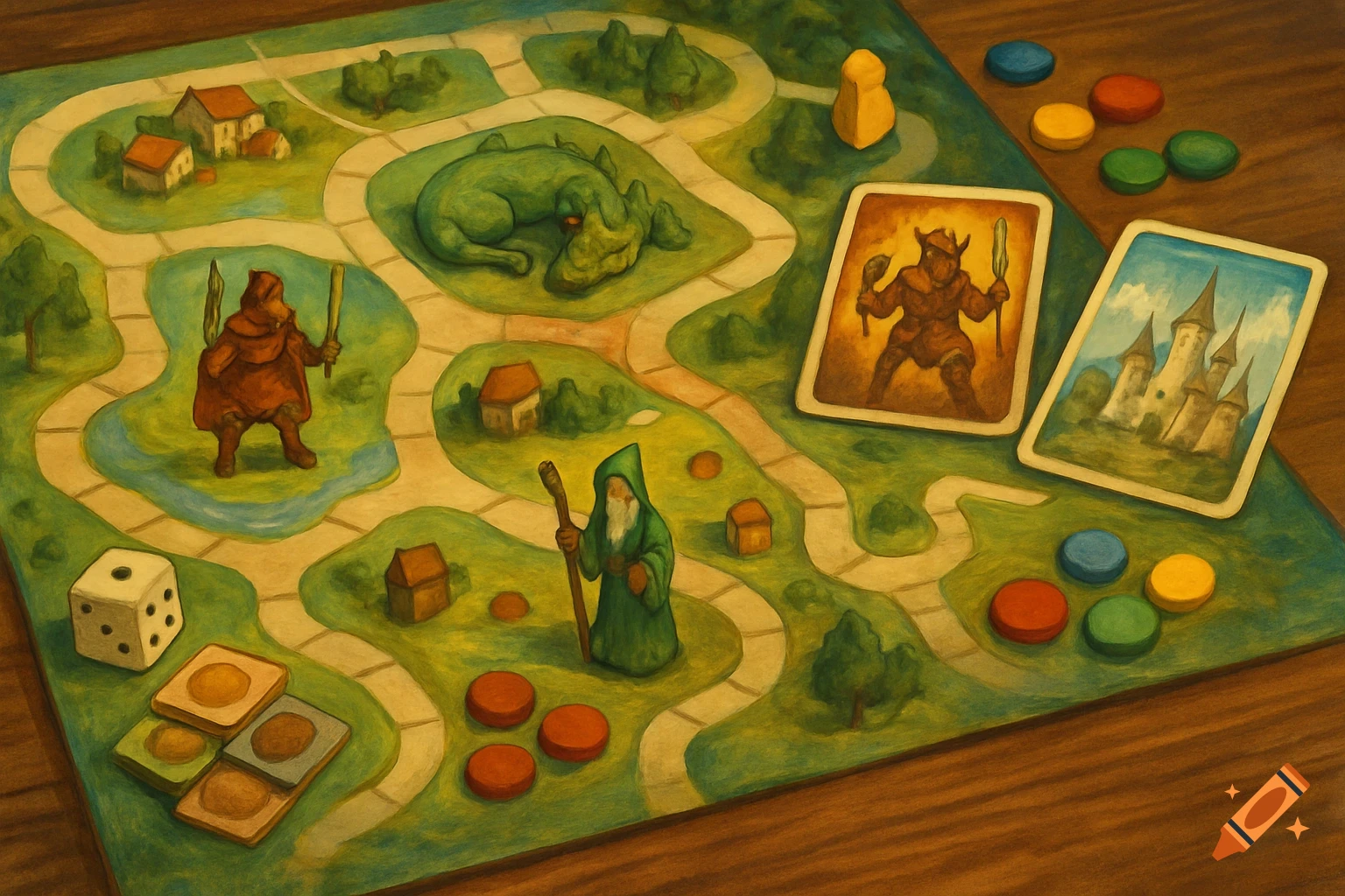 Overhead view of a vibrant fantasy board game with paths, miniature buildings, a dragon, character pieces, cards, and dice.
