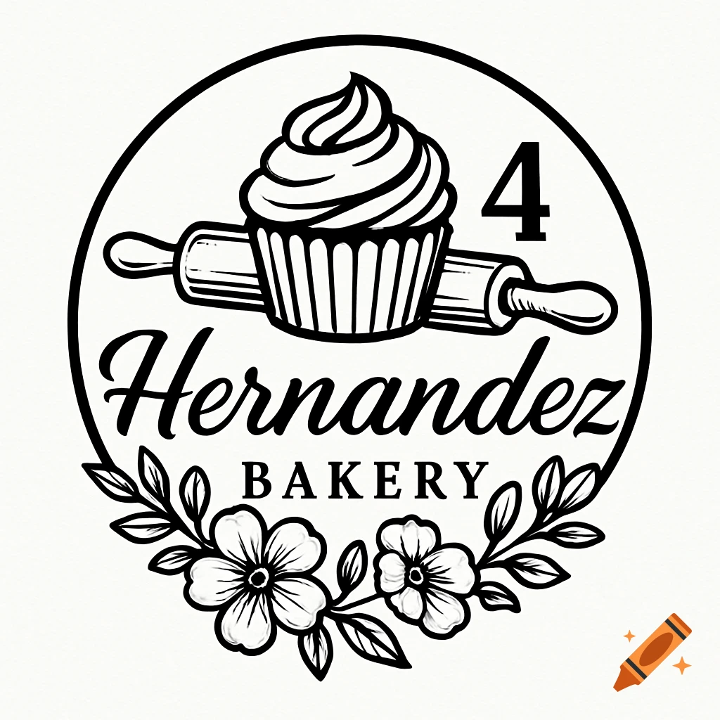 Black and white circular logo for Hernandez Bakery featuring a cupcake, rolling pin, the number 4, and floral accents.
