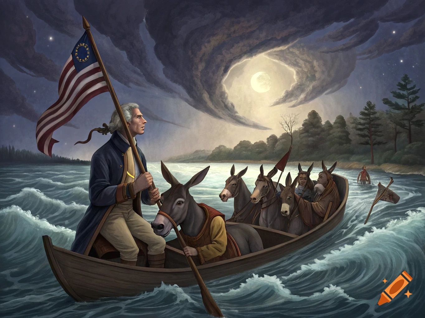 A humorous painting depicting George Washington crossing a stormy river in a rowboat filled with donkeys, holding an American flag.