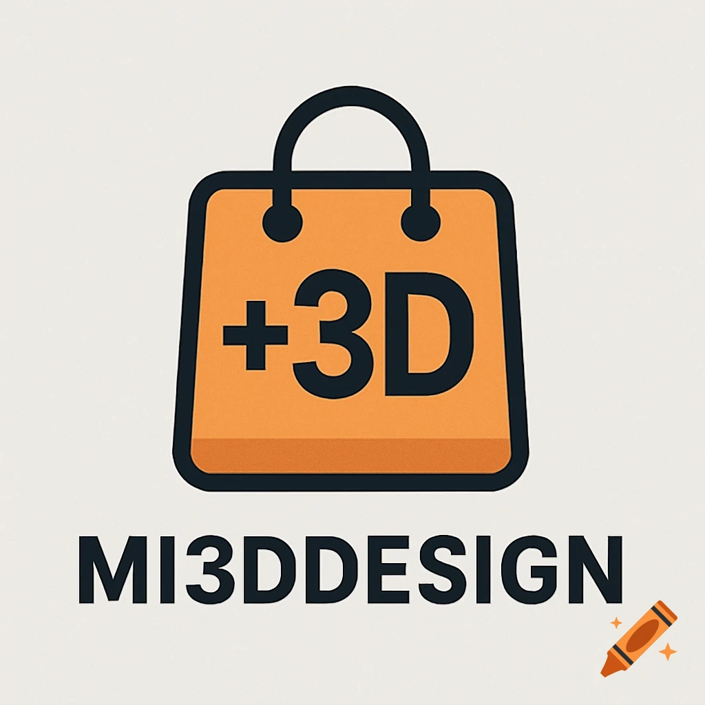 A logo featuring an orange shopping bag with '+3D' text, above 'MI3DDESIGN' in black text.