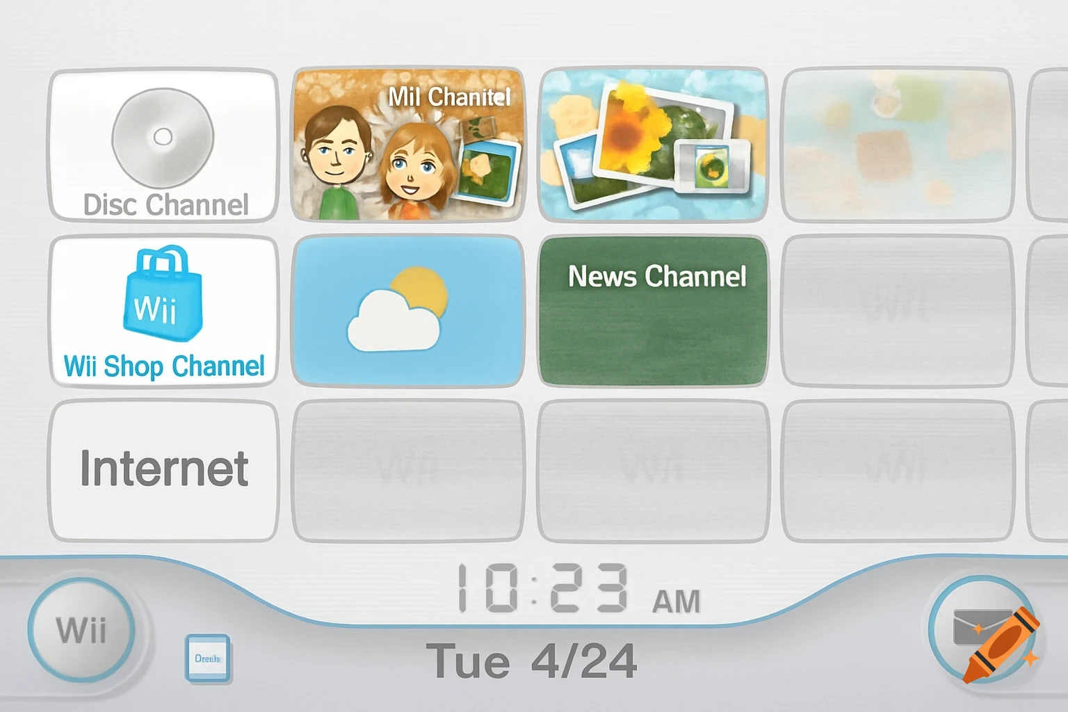 A stylized recreation of the Nintendo Wii console menu screen, showing various channel icons like Disc Channel, Wii Shop Channel, Internet, and News Channel, with a clock showing 10:23 AM and the date Tue 4/24.
