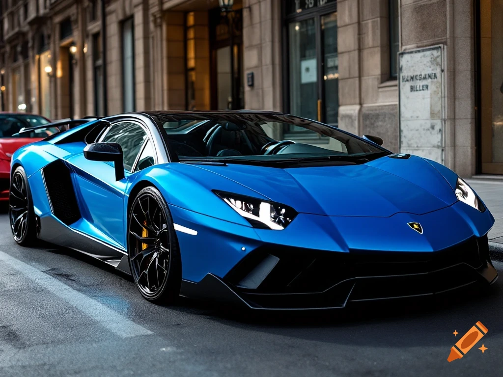 A blue Lamborghini sports car is parked on a city street in front of stone buildings.