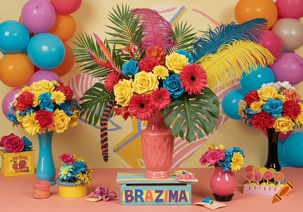 Colorful flower centerpieces and bouquets with tropical leaves and feathers, surrounded by balloons and party decorations on a table.