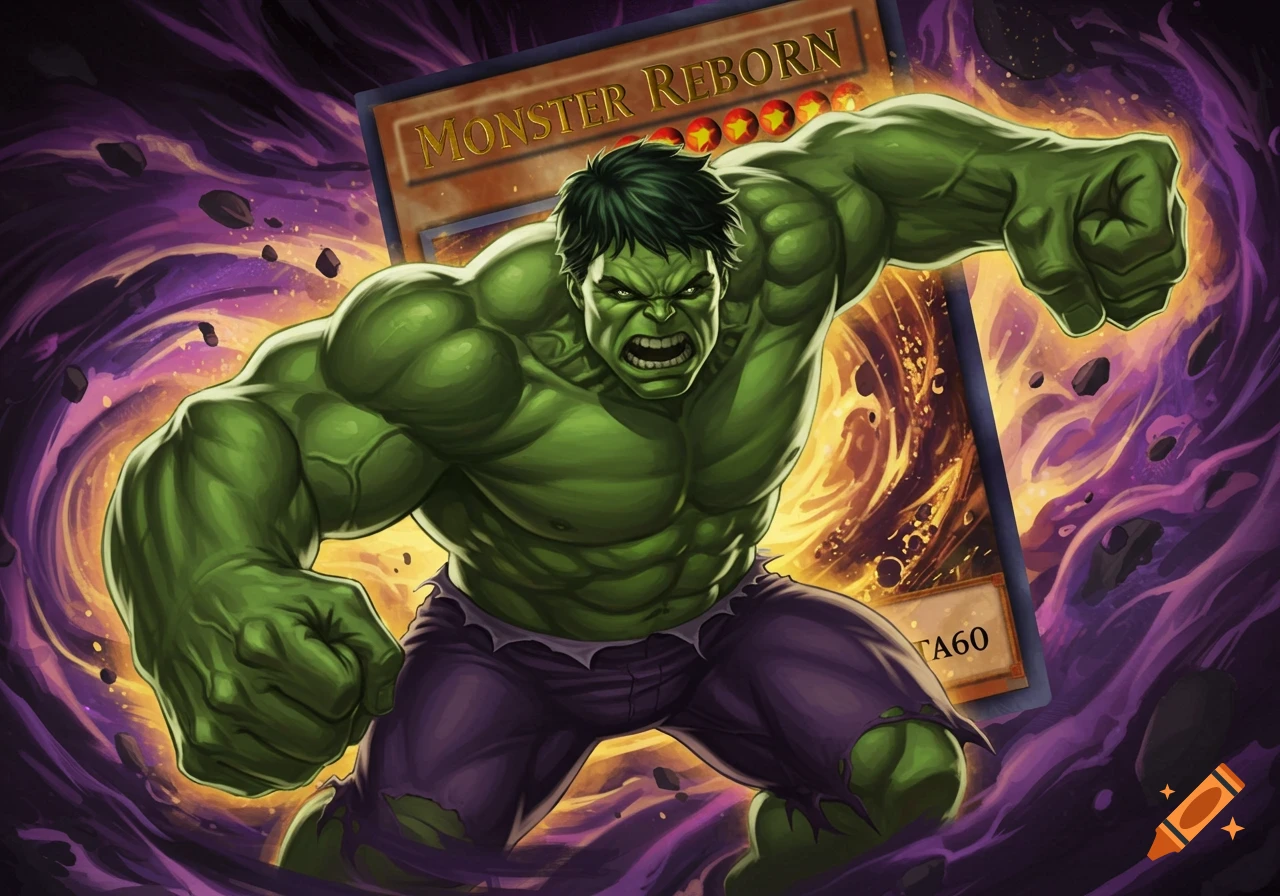 The Hulk is depicted in an energetic pose, emerging from a purple and orange energy vortex. Behind him is a large Yu-Gi-Oh card titled "Monster Reborn" with a fiery background.