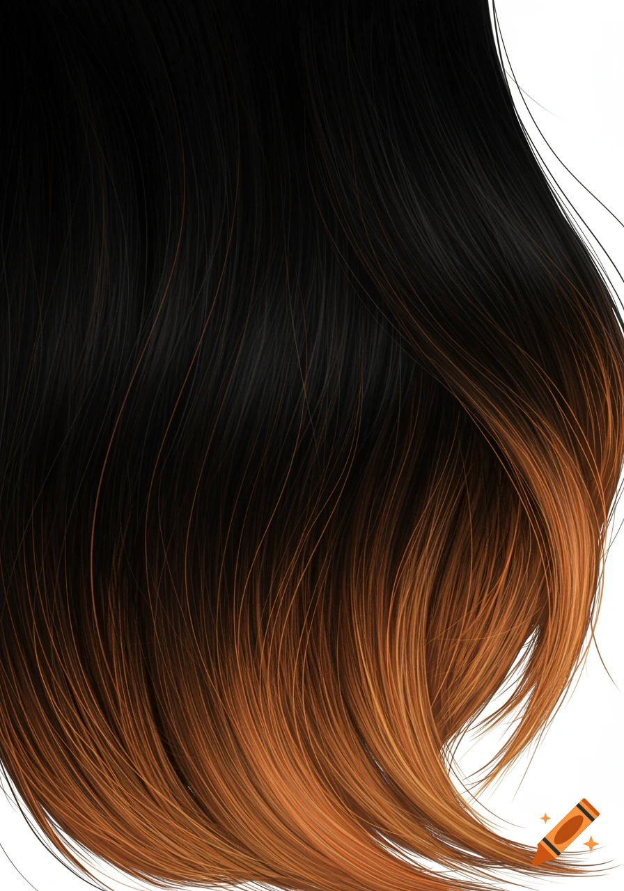 Long, straight black hair with light auburn ombr essing against a white background.