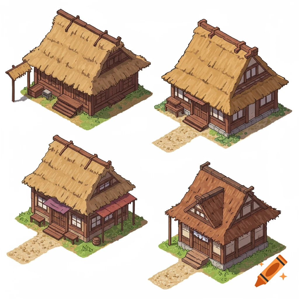 Four distinct isometric feudal Japanese peasant village houses with thatched roofs and wooden walls, in a detailed anime art style.