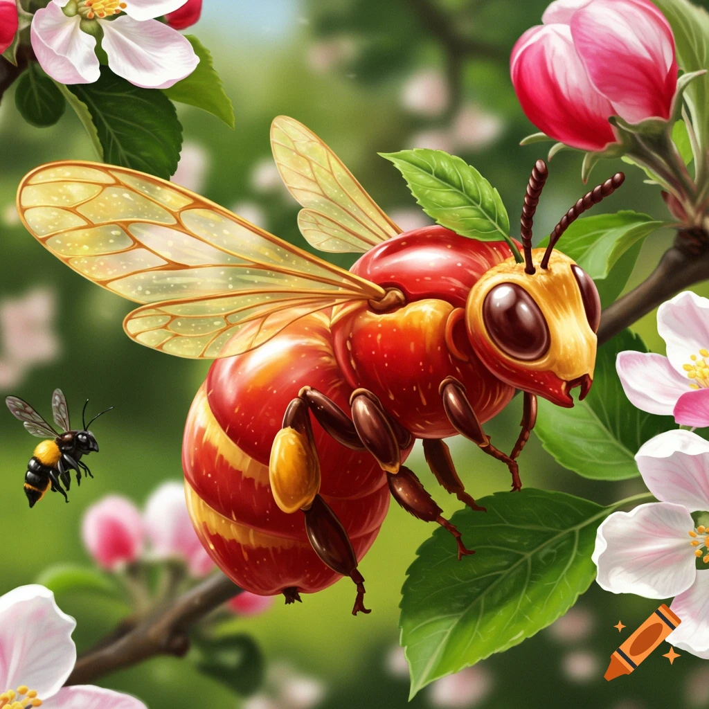 A large, red apple-bodied bee with transparent wings flies among pink and white apple blossoms, with a smaller bee in the background.