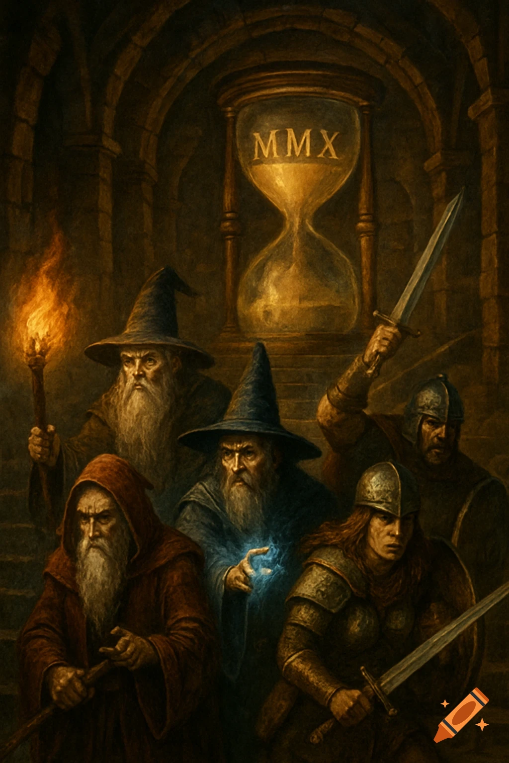 A dark fantasy painting of three bearded wizards and two armored warriors in a dungeon, with a large hourglass inscribed MMX behind them.