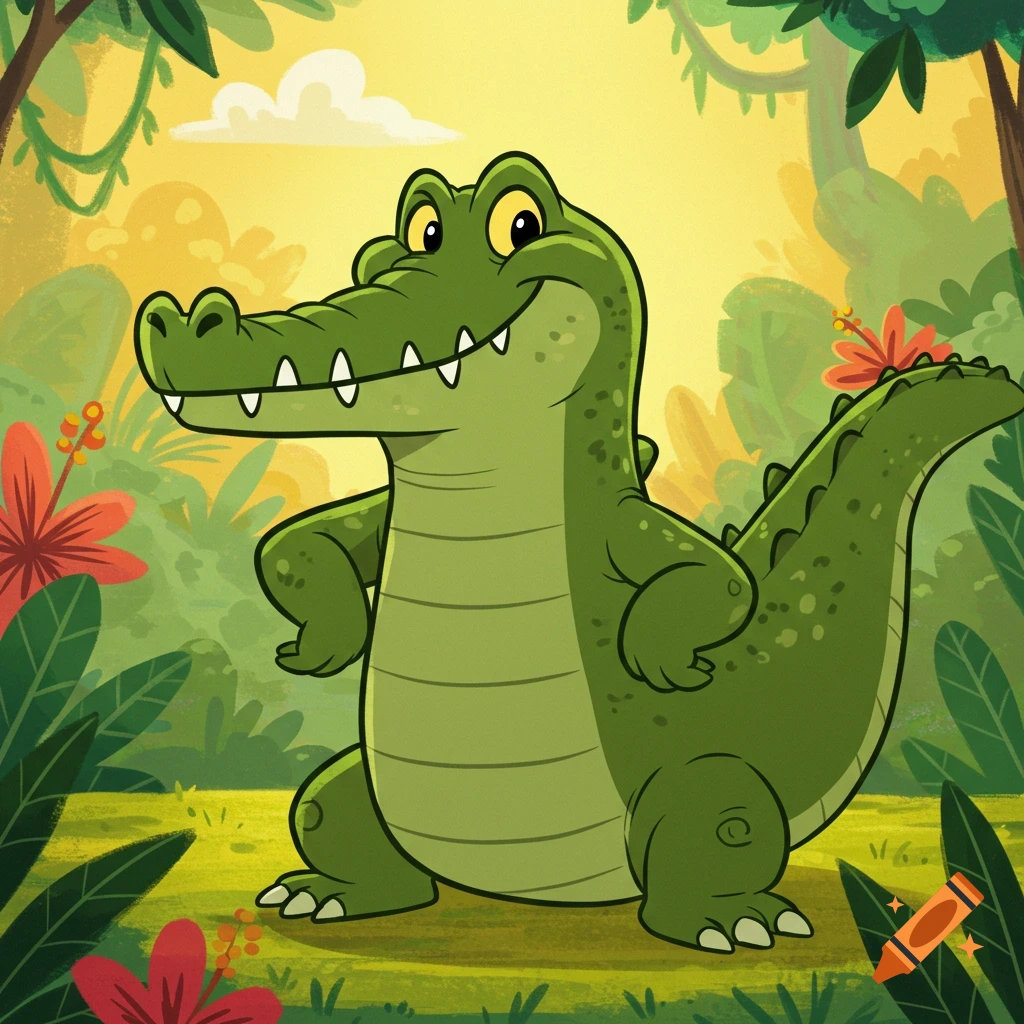 A cute, smiling cartoon alligator stands in a lush green jungle with colorful flowers.