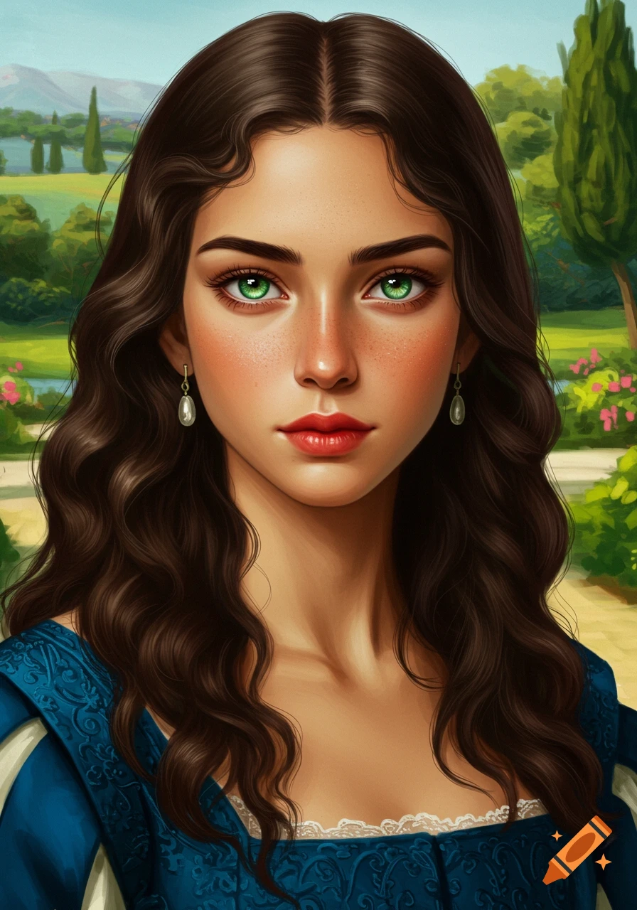 A close-up digital painting of a young woman with long wavy brown hair, bright green eyes, freckles, and red lips, wearing a blue dress against a garden background.