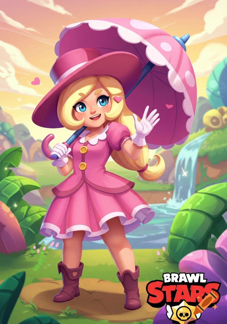 A smiling blonde cartoon girl in a pink dress and hat holds a pink umbrella in a vibrant, whimsical outdoor setting with a waterfall, featuring the "Brawl Stars" logo.