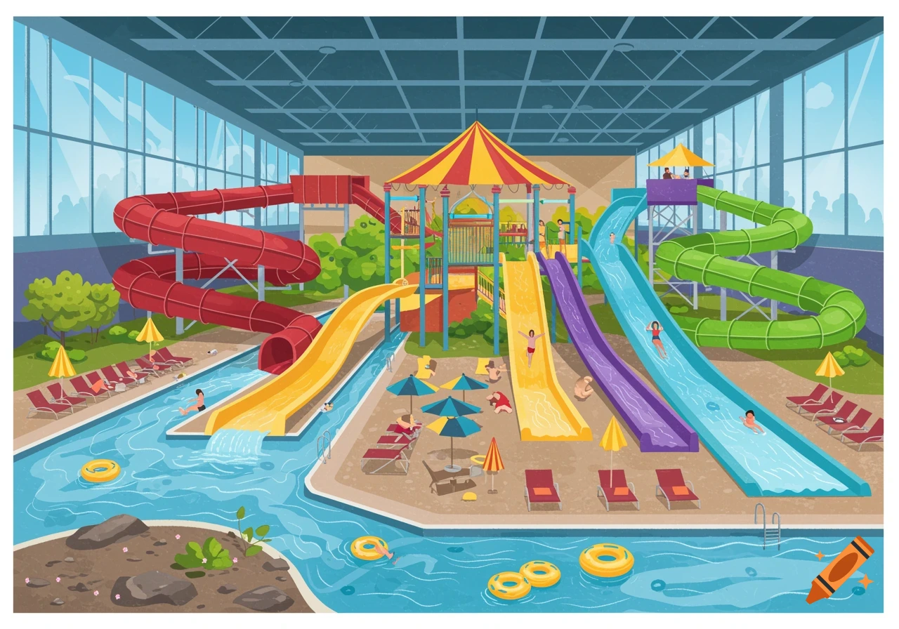 An indoor waterpark illustration with colorful slides, pools, and people swimming and relaxing on lounges.