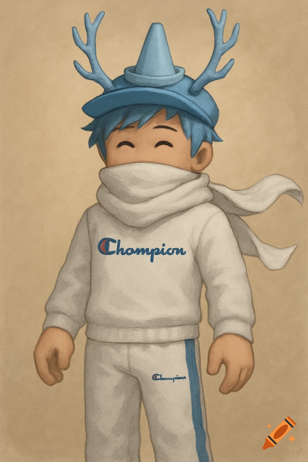 An illustrated Roblox-style boy character in a white Champion tracksuit, white scarf, blue hat with antlers and cone, and blue hair. Happy eyes visible above the scarf.