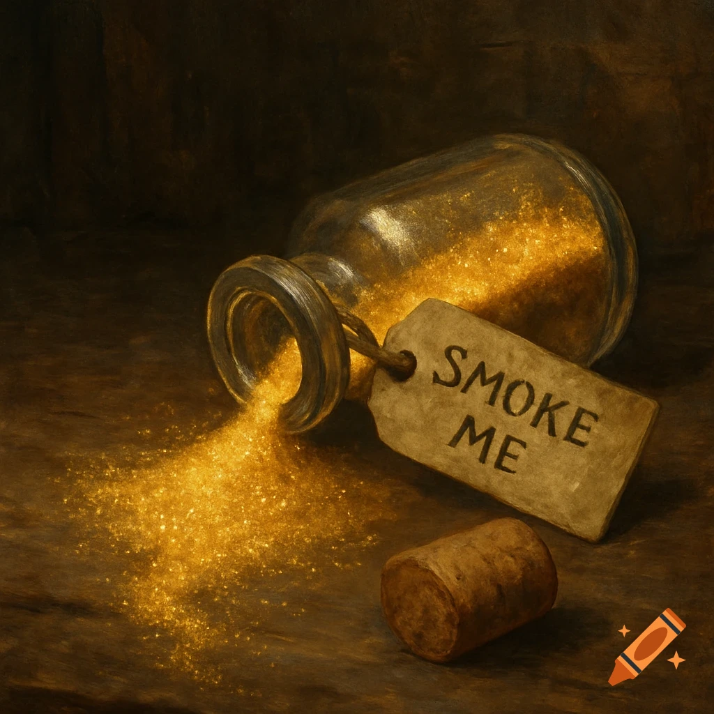 A dark painting of a spilled glass vial, golden sparkling dust pouring out, with a 'SMOKE ME' tag and cork.