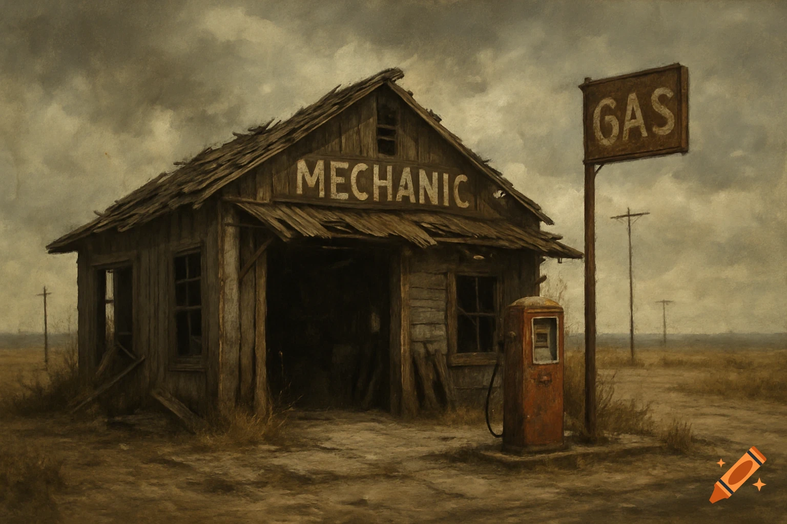 A gritty painting of an old, dilapidated mechanic garage and gas station with a rusty pump under a cloudy sky in a desolate rural landscape.