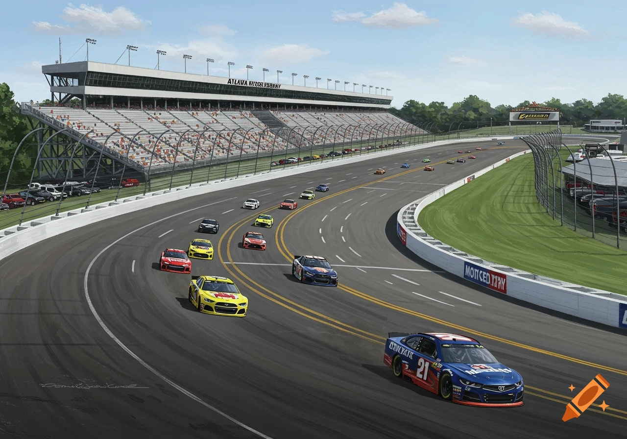 A wide view of Atlanta Motor Speedway with multiple race cars on the track, grandstands filled with spectators, and a clear blue sky.