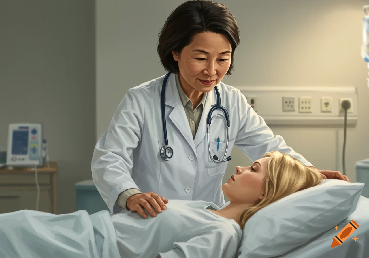 A female Chinese doctor in a white coat examines a blonde woman lying in a hospital bed.